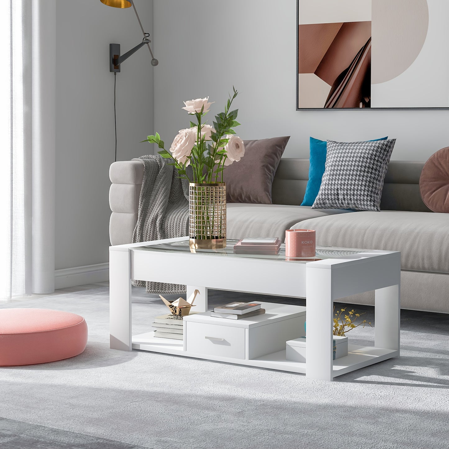 Salontafel – Woonkamertafel – Koffietafel – Tafel Met Opbergruimte – Sofa Tafel – Wit – Glazen Blad – Stevig Metalen Frame