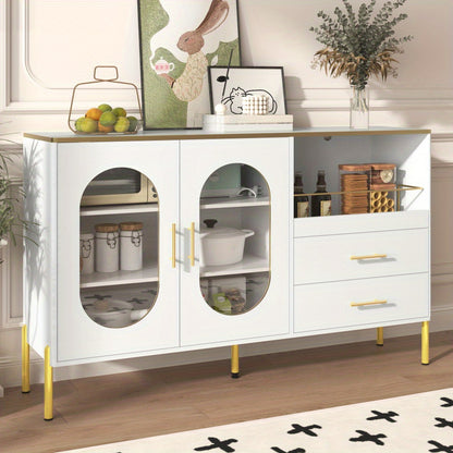 Dressoir – Buffetkast – Ladekast – Sideboard – Opbergkast – Modern Wit Met Gouden Accenten – 2 Glazen Deuren & 2 Lades – Luxe Strakke Afwerking – Stevig & Duurzaam