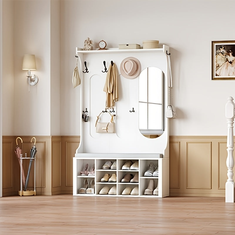 Coat Rack with Shoe Bench, Wardrobe with Mirror, Shoe Storage, 10 Hooks, Adjustable Shelves, Freestanding, for Entrance Area, Hallway, 35.5 X 100 X 185cm, White,  Hallway Storage, Freestanding Wardrobe, Sleek Design, Shoe Ben - QUORE