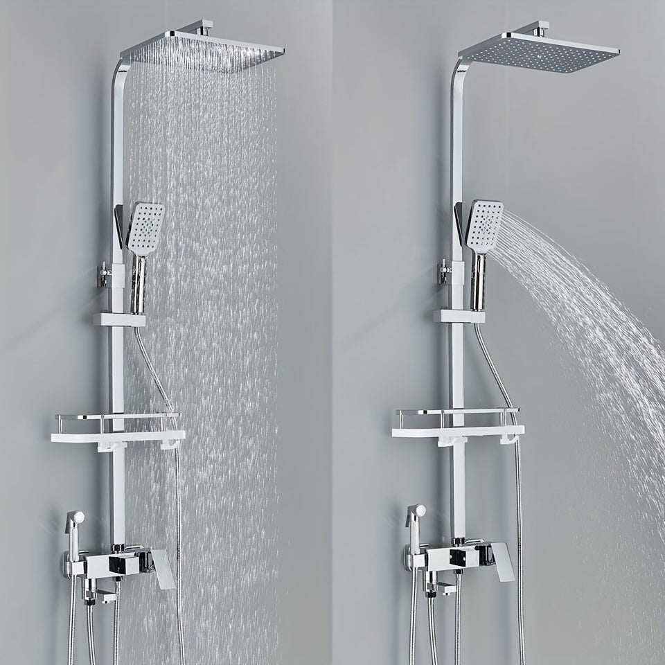 Regendouchesysteem – Douchekraan – Doucheset – Wanddouche – Handdouche – 4-in-1 Functie – Verstelbare Glijstang – Chrome Afwerking – Ingebouwd Opbergrek