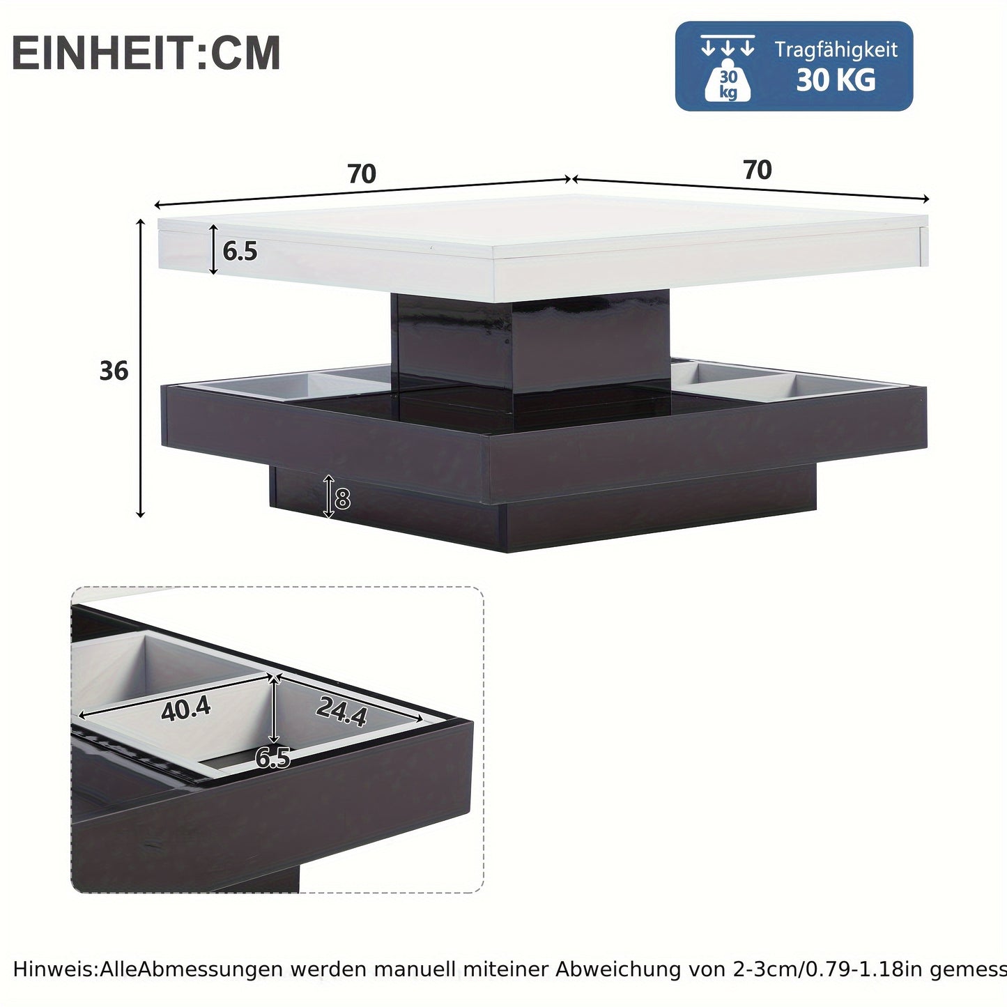 Salontafel – Woonkamertafel – Koffietafel – Bijzettafel – Draaibare Tafel – Hoogglans Wit – Zwart Frame – 360° Draaibaar – 2-Niveaus Opbergruimte 70x70x36 cm
