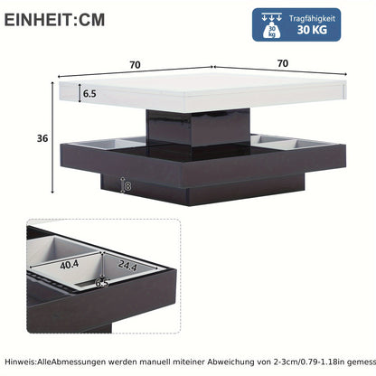Salontafel – Woonkamertafel – Koffietafel – Bijzettafel – Draaibare Tafel – Hoogglans Wit – Zwart Frame – 360° Draaibaar – 2-Niveaus Opbergruimte 70x70x36 cm