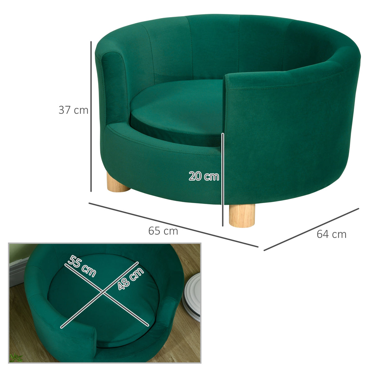 Hondenmand – Hondenbed – Hondenkussen – Dierenmand – Ligmand – Rond Model – Nylon Met Katoenen Vulling – 65x64x37 cm – Met Houten Poten