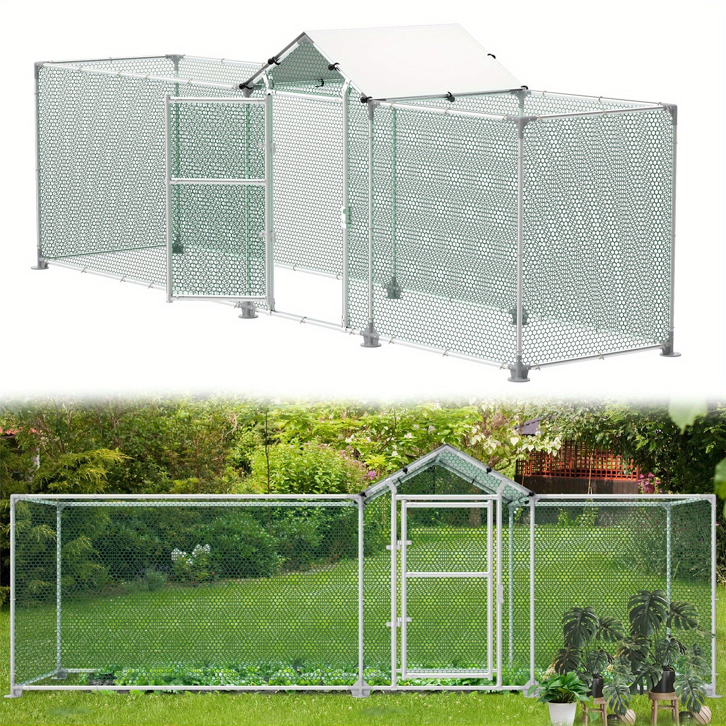 LZQ 4x1m/5x1m Metal Chicken Coop with Sunshade, Door & Latch - Sturdy Rust-Resistant Iron Frame, Half-Enclosure Design for Garden Birds, Ducks, Small Animals - No Electricity Needed, Chicken Coop Accessories, Durable Construc
