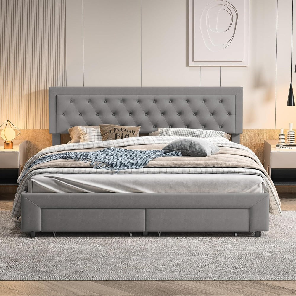 Tweepersoonsbed – Opbergbed – Ladebed – Bedkast – Slaapbank – Fluwelen Hoofdeinde – Gasdrukstang Lade – 160x200 cm Grijs