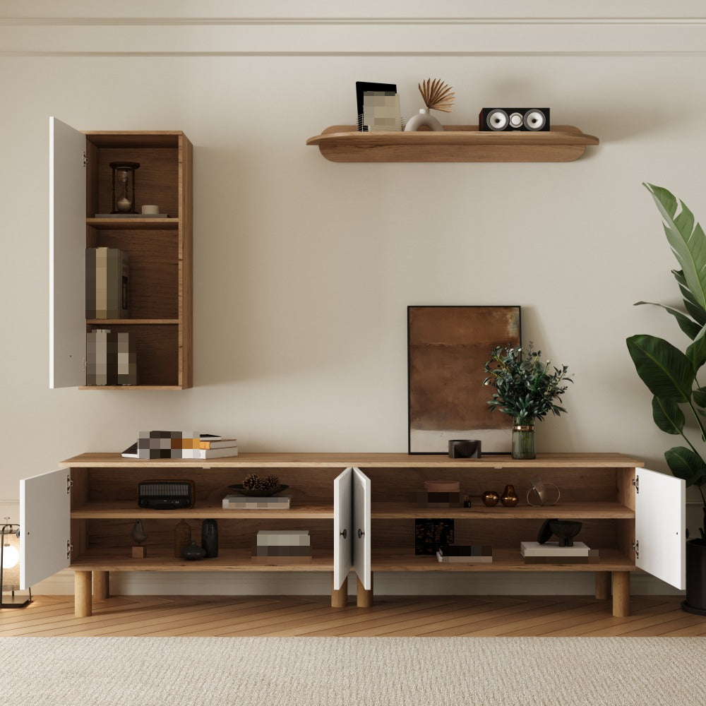 tv meubel – tv dressoir – tv kast – media meubel – wandmeubel – drieluik woonkamermeubel – wit met houtdetails – ruimtebesparend design