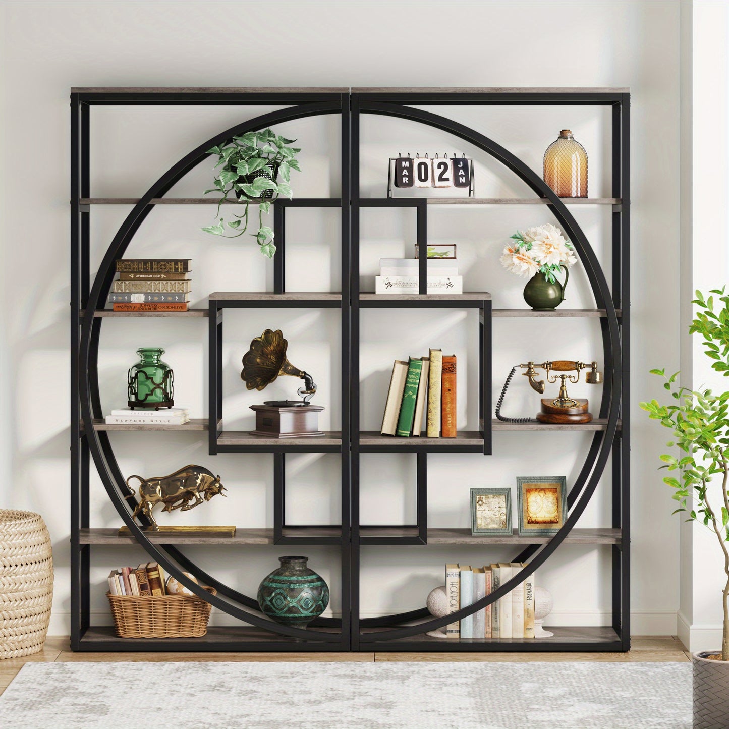Boekenkast – Vakkenkast – Boekenrek – Opbergkast – Wandkast – 6 Lagen – Geometrisch Design – 179,83 cm Hoog – Retrogrijs Hout Met Zwart Metaal – Sterk En Duurzaam – Eenvoudig Te Monteren