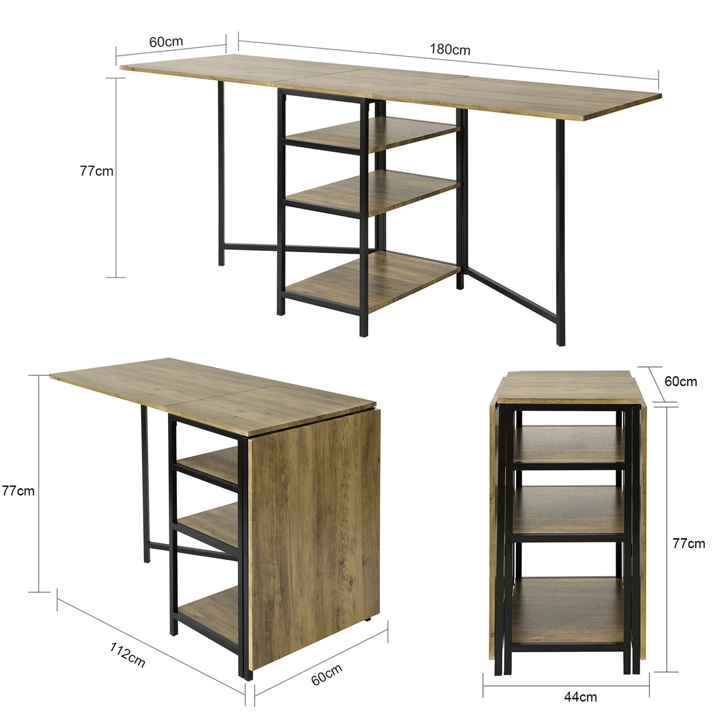 Vouwtafel – Klaptafel – Eettafel – Tuintafel – Houten Tafel – Uitschuifbaar – Met 3 Opbergrekken – Industrieel Design – 180x77x60 cm