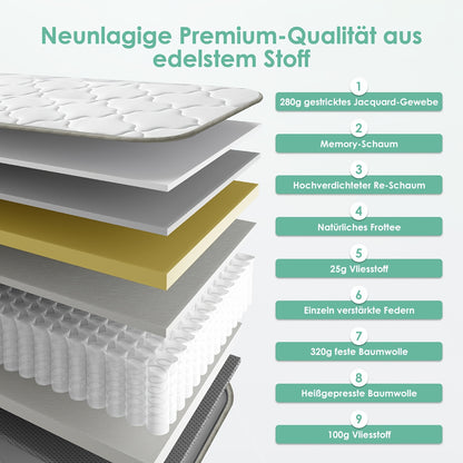 Ergonomisch Pocketvering Matras – 7-Zone Matras – Pillowtop Matras – Medium Stevig Matras – Hoeslaken – 140x200x22 cm – Hypoallergeen – Ademend Katoen