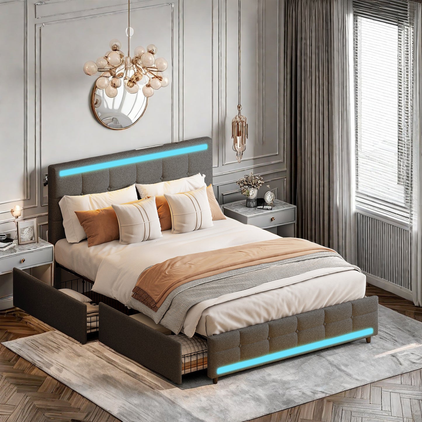 Tweepersoonsbed 140x200 – Gestoffeerd Bed – Led-Bed – Opbergbed – Bed Met Lattenbodem – Linnenstof – 2 Usb-Laadpoorten – 4 Ruime Lades