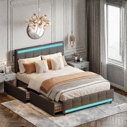 Tweepersoonsbed 140x200 – Gestoffeerd Bed – Led-Bed – Opbergbed – Bed Met Lattenbodem – Linnenstof – 2 Usb-Laadpoorten – 4 Ruime Lades