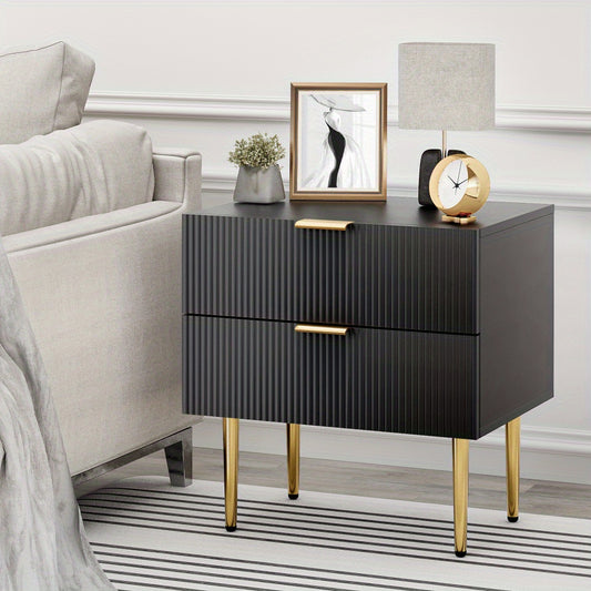 Nachtkastje – Bijzettafel – Ladekastje – Bedside Table – Opbergkastje – Modern Design – 2 Lades – Zwart Golfpatroon – Stevige Metalen Poten – Ruime Opbergruimte – Eenvoudige Montage