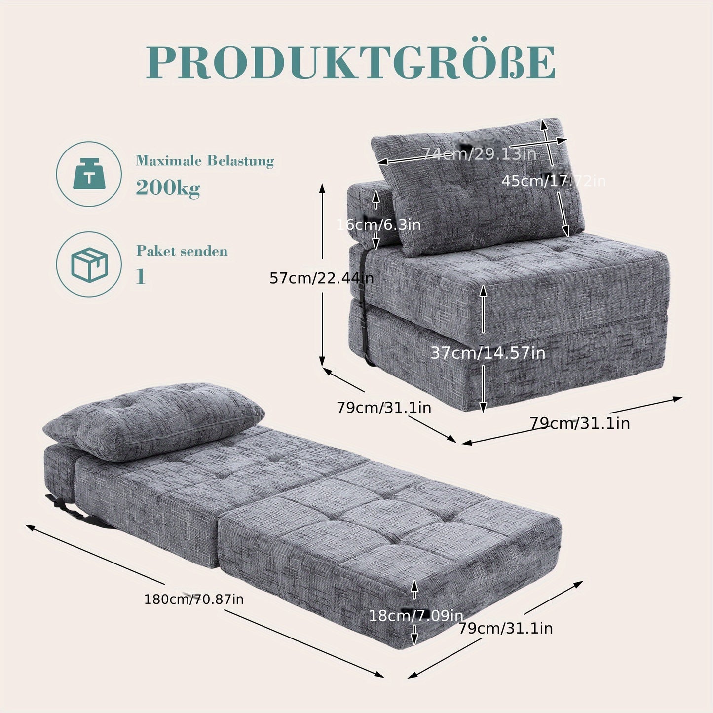 Vouwbank – Slaapbank – Slaapbankje – Bedbank – Slaapfauteuil – Beige Kleur – Duurzaam Chenille Materiaal – Inclusief Matras en Kussens