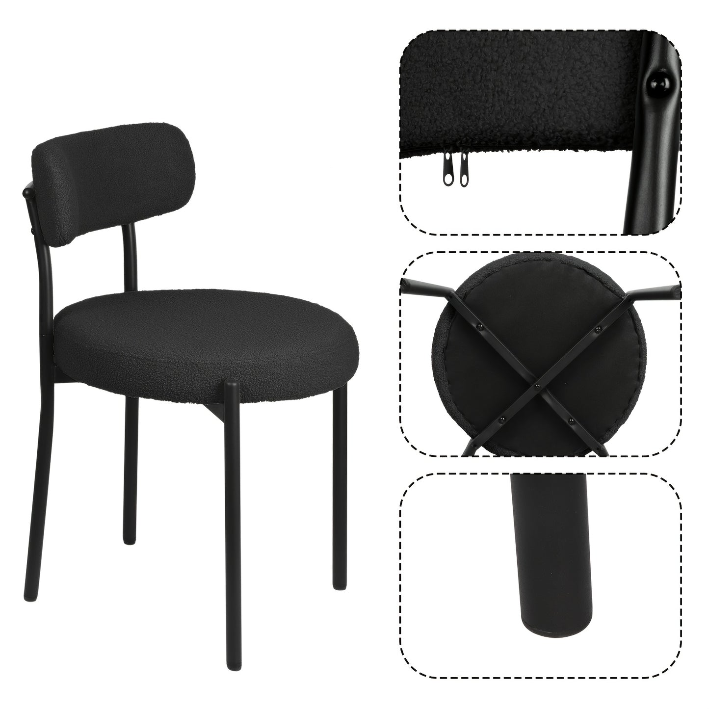 Boucle Fabric Dining Chairs Set Of 4, Round Upholstered Dining Room Chairs with Black Metal Legs, Open Back Design, Modern Kitchen Dining Room Chairs for Kitchen, Living Room(4pcs, Black), Dining Table Chairs, Kitchen Table A