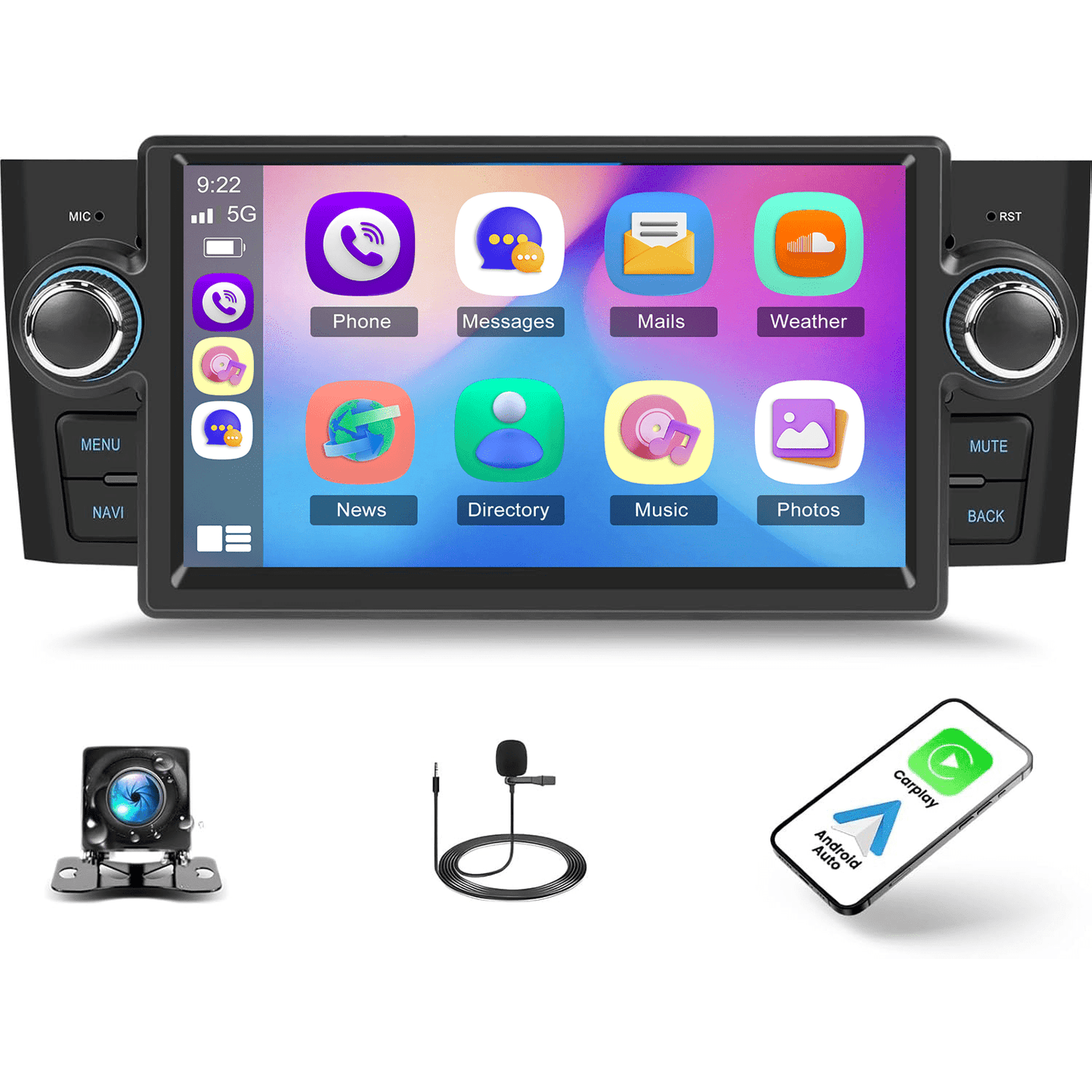 2+64G for Android 13 Car Radio for FIAT Punto 2005-2009/ for FIAT Linea 2007-2011, 17.78 cm Touchscreen Car Radio with Carplay for Android Car GPS EQ/ FM/ RDS BT + Rear View Camera & Mic + Canbus