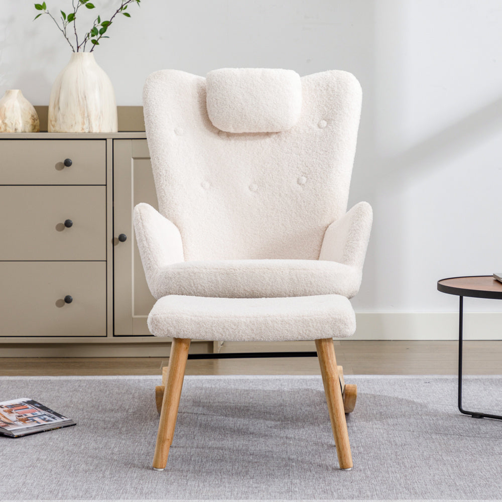 Schommelstoel – Rocking Chair – Relaxstoel – Schommelzetel – Witte Schommelstoel – Teddy Pluche Bekleding – Inclusief Hoofd- en Voetensteun