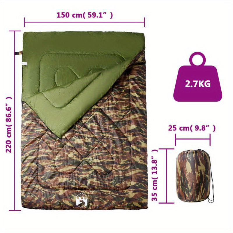 Slaapzak – Dubbelslaapzak – Campingzak – Outdoor Slaapzak – Trekking Slaapzak – 3-4 Seizoenen – Lichtgewicht Met 2 Kussens – Duurzaam Polypropyleen – Camouflage Groen