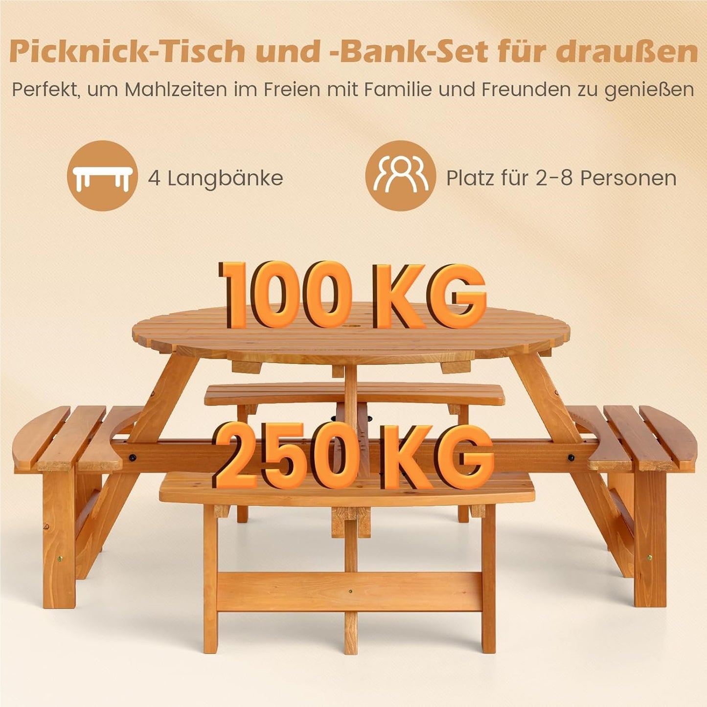 Picknicktafel – Tuintafel – Tuinmeubel – Picknickbank – Buitenmeubel – Rond 110 cm – Massief Grenenhout Met Parasolgat