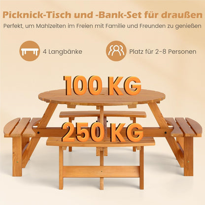 Picknicktafel – Tuintafel – Tuinmeubel – Picknickbank – Buitenmeubel – Rond 110 cm – Massief Grenenhout Met Parasolgat