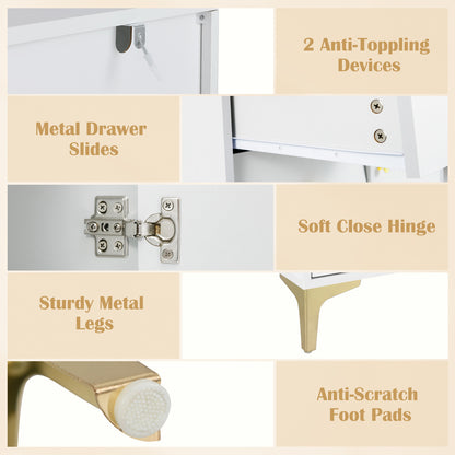 Ladekast Slaapkamer – Dressoir – Opbergkast – Commode – Nachtkastje – Wit – 3 Lades en 2 Vakken – Stabiel Met Metalen Poten