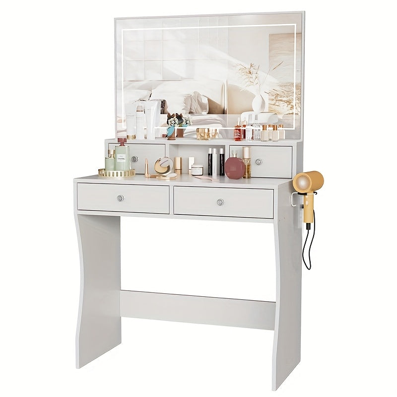 Make-up Tafel – Kaptafel – Cosmeticatafel – Dressing Table – Make-up Bureau – Met Spiegel – Haardrogersstandaard – 80x40x140 cm – Vier Lades – Wit