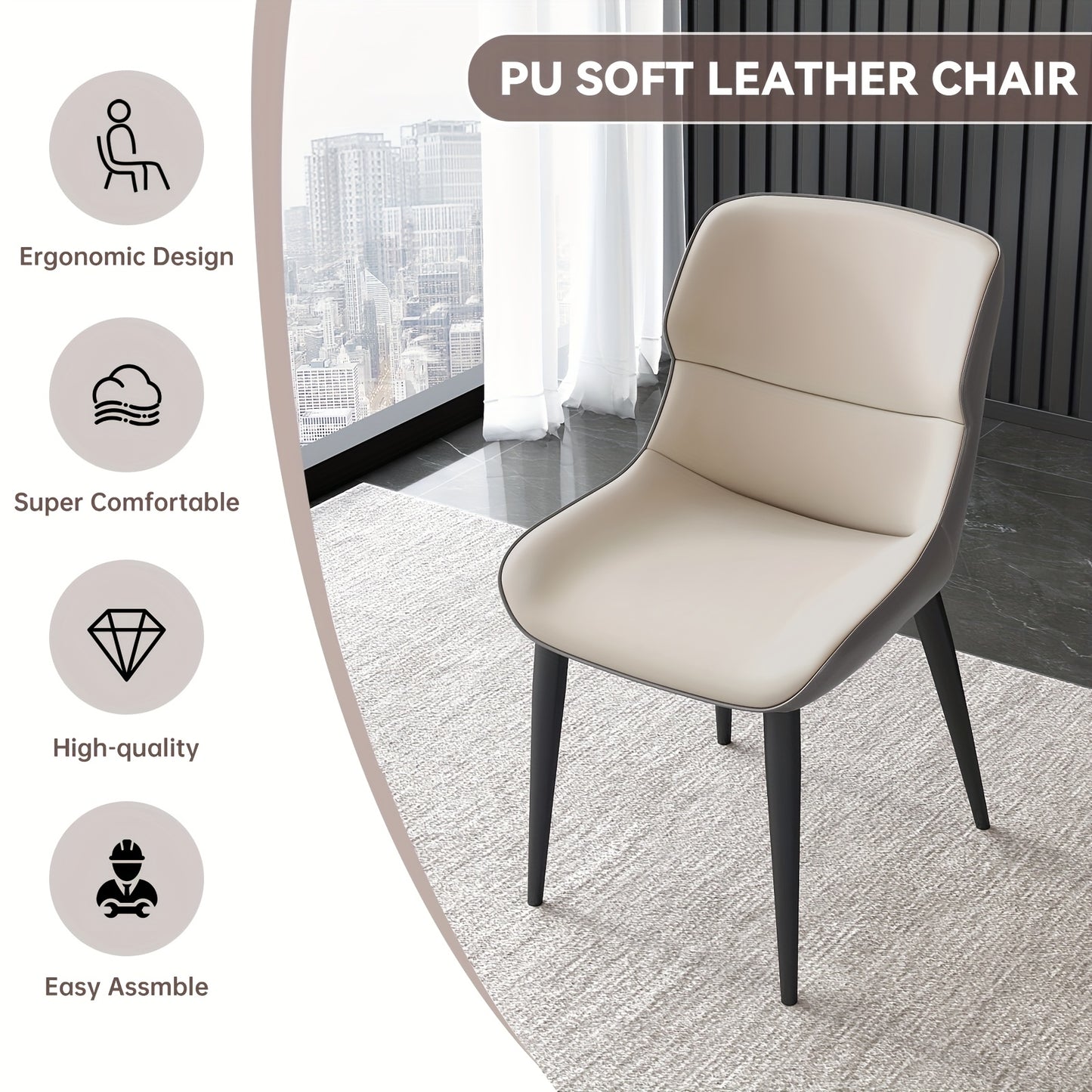 2-Pack Modern PU Leather Dining Chairs with Cushioned Metal Legs - Soft Padded Seats & Backrests, Sturdy Tapered Legs, Easy-Clean Surface, Black & Light Gray Contemporary Kitchen Chairs for Home, Restaurant, Breakfast Nook -