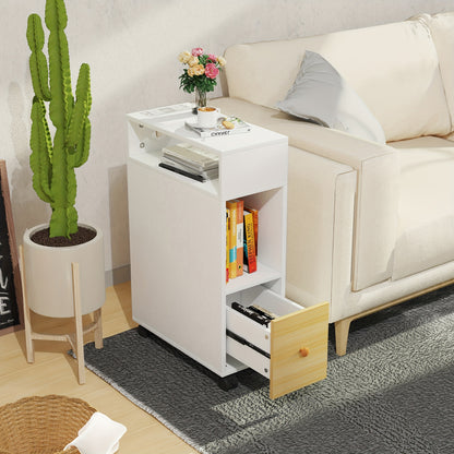 Nachtkastje – Bijzettafel – Ladekastje – Opbergkastje – Smal Tafeltje – Set van 2 – Met Lade en Open Plank – Met Wieltjes – 50x25x70 cm – Hout en MDF