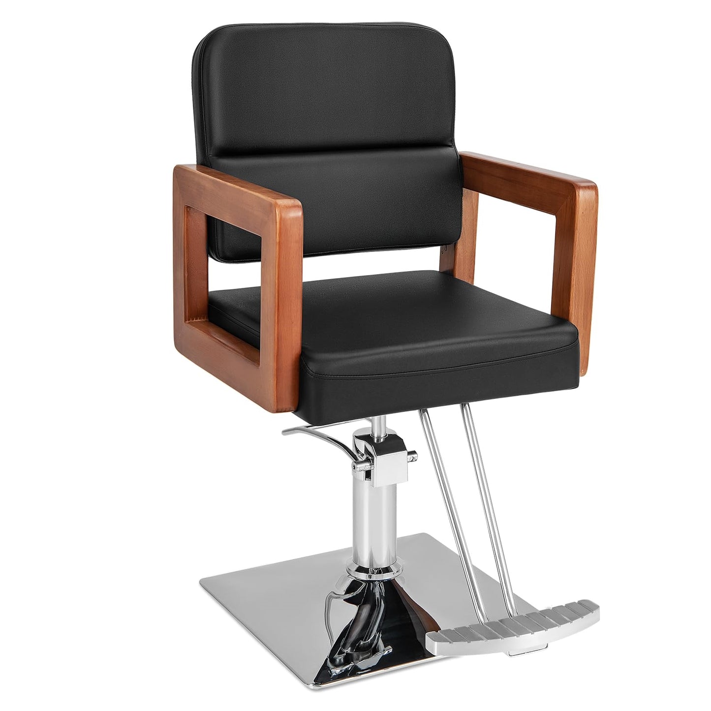 Kappersstoel – Barbershop Stoel – Salonstoel – Kapperskruk – Barberkruk – 360° Draaibaar – Verstelbare Zithoogte 50-65 cm – Belastbaar Tot 150 kg – Hydraulische Pomp – Houten Armleuningen