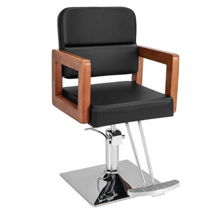 Kappersstoel – Barbershop Stoel – Salonstoel – Kapperskruk – Barberkruk – 360° Draaibaar – Verstelbare Zithoogte 50-65 cm – Belastbaar Tot 150 kg – Hydraulische Pomp – Houten Armleuningen