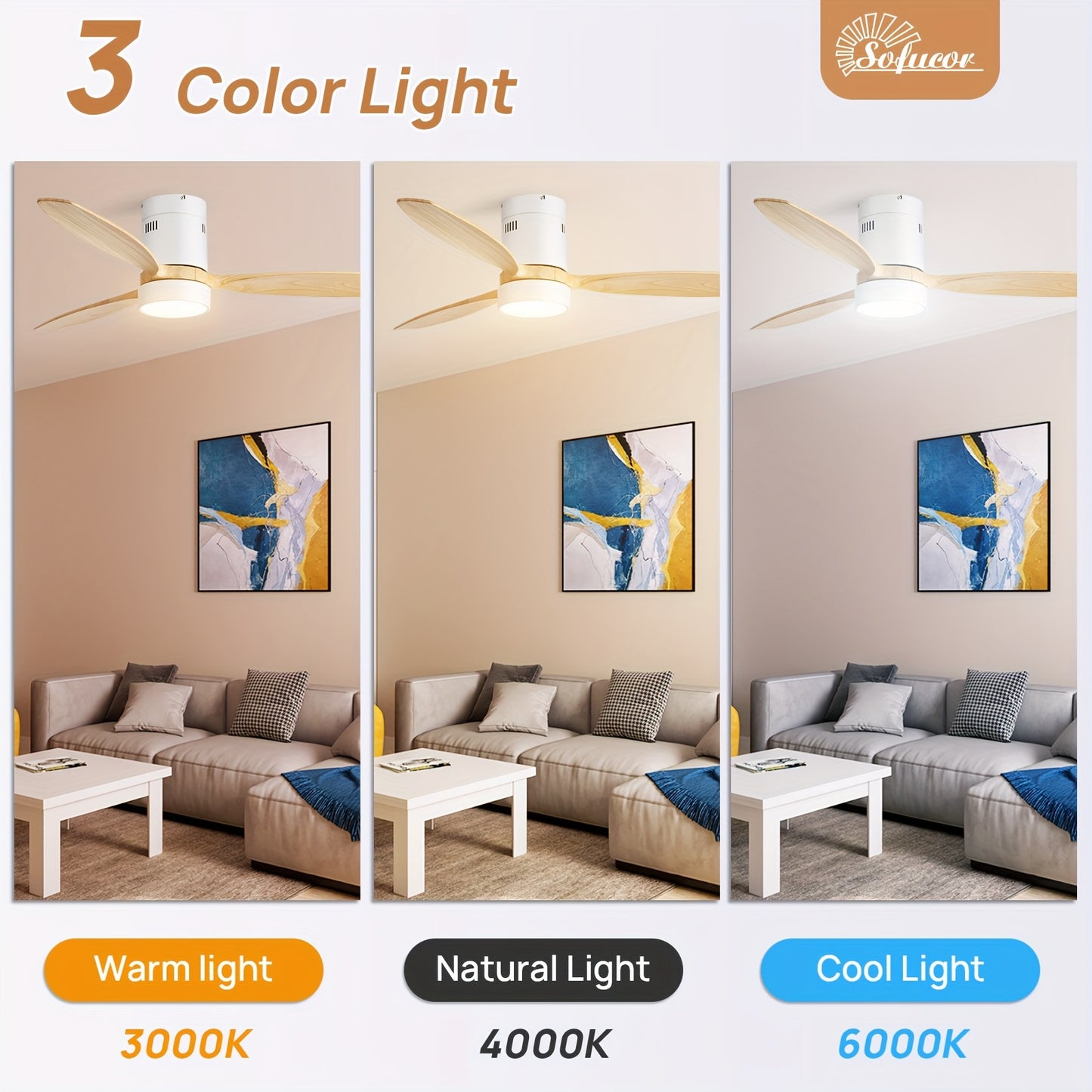 Plafondventilator – Ventilator – Plafondventilator Met Licht – Dakventilator – Luchtcirculator – Wit Met Houten Bladen – Reversibele DC Motor – Afstandsbediening & LED Verlichting