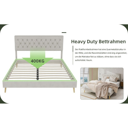 Bed – Bedframe – Slaapbed – Boxspring – Ledikant – Beige Stoffen Hoofdbord Met Geheugenfoam – Lage Boxframe 140x200 cm