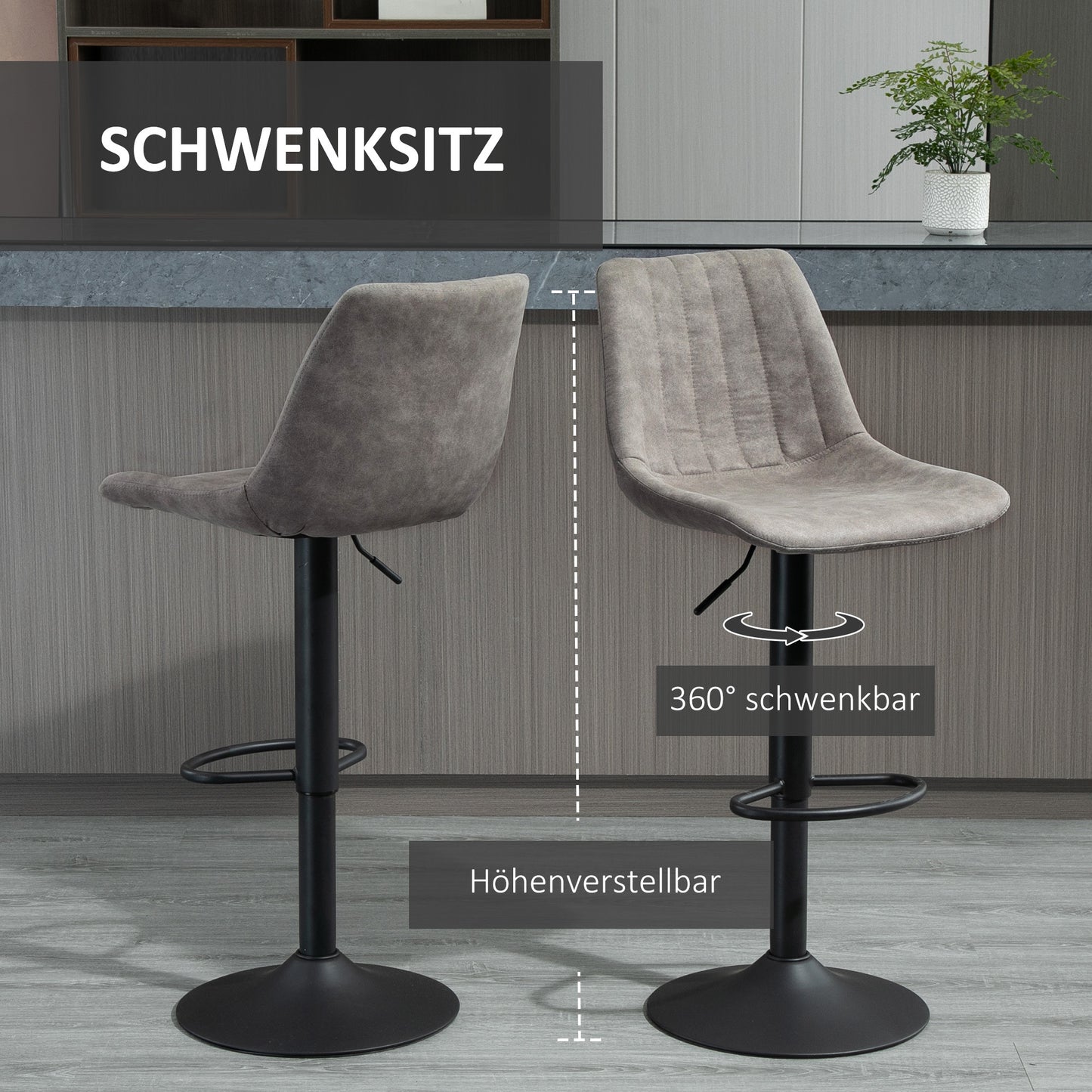 Barkrukken – Barkstoel – Barstoelen – Krukken – Barstoelset – Retro Design – Gaslift Met Voetsteun – Grijs/Zwart