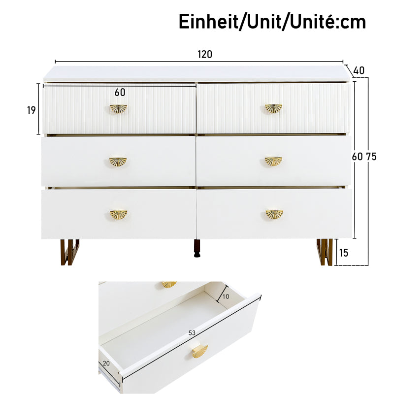 Modern Sideboard – Dressoir – Opbergkast – Ladekast – Sidecabinet – Wit Met Gouden Accenten – 6 Ruime Lades – Stevige MDF En Stalen Constructie
