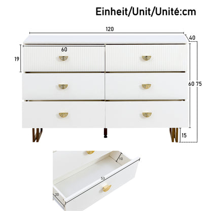 Modern Sideboard – Dressoir – Opbergkast – Ladekast – Sidecabinet – Wit Met Gouden Accenten – 6 Ruime Lades – Stevige MDF En Stalen Constructie