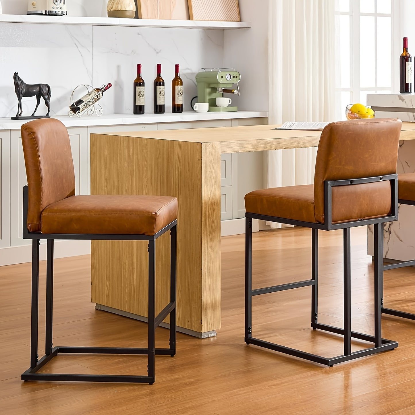 Barstoel – Barkruk – Barstoel Met Rugleuning – Keukenstoel – Barkrukken Set Van 2 – PU Leer Zitting – Stabiel Zwart Metaal Frame – Zithoogte 60,96 cm – Comfortabel Met Voetensteun