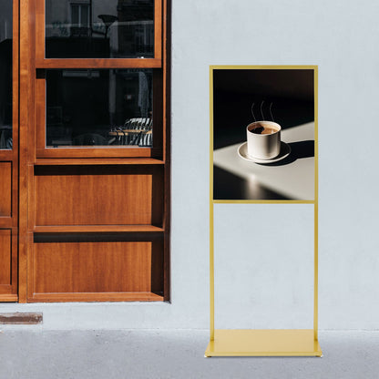 metalen posterstandaard – posterhouder – affichehouder – reclame standaard – display standaard – gouden uitvoering – robuust met hittebestendige coating – stabiele verstelbare basis