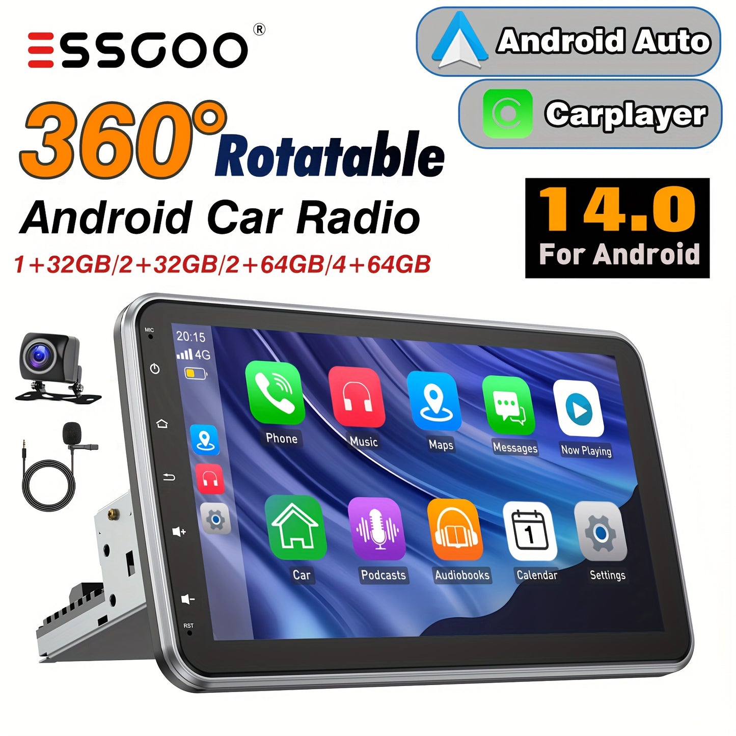 ESSGOO Single DIN Android Car Stereo, 25.65 cm Rotatable Touch Screen, Wireless Android Auto & Carplayer, WiFi/BT/FM/USB, Support Mirror Link & Steering Wheel Control, with Microphone AHD Camera, 1+32GB/2+32GB/2+64GB/4+64GB M