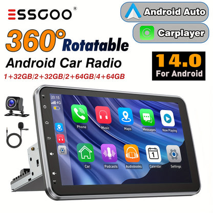 ESSGOO Single DIN Android Car Stereo, 25.65 cm Rotatable Touch Screen, Wireless Android Auto & Carplayer, WiFi/BT/FM/USB, Support Mirror Link & Steering Wheel Control, with Microphone AHD Camera, 1+32GB/2+32GB/2+64GB/4+64GB M