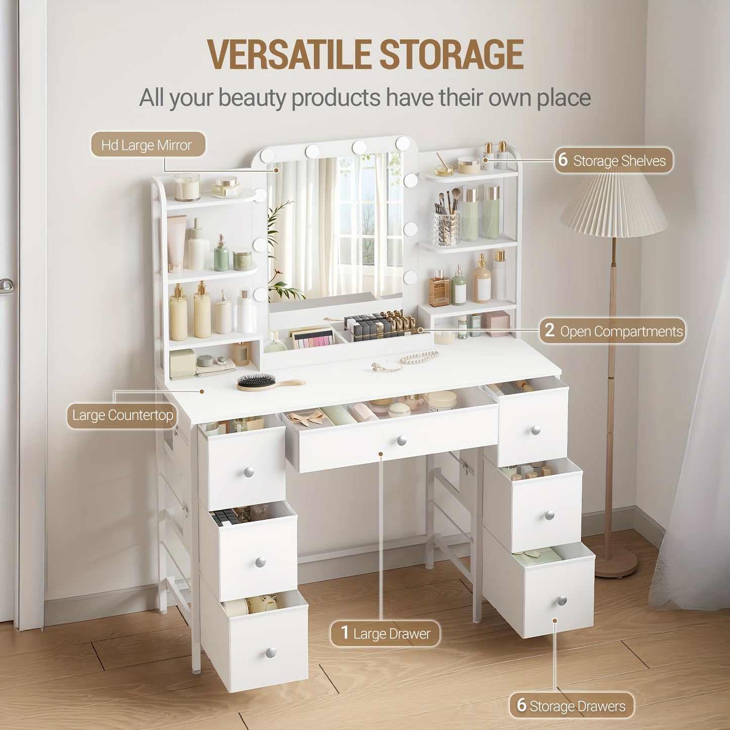 Make-up tafel – Kaptafel – Toillet – Dressing table – Vanity – Met Grote HD Spiegel – Verstelbare LED Verlichting – 7 Laden & 6 Open Vakken – Modern Wit