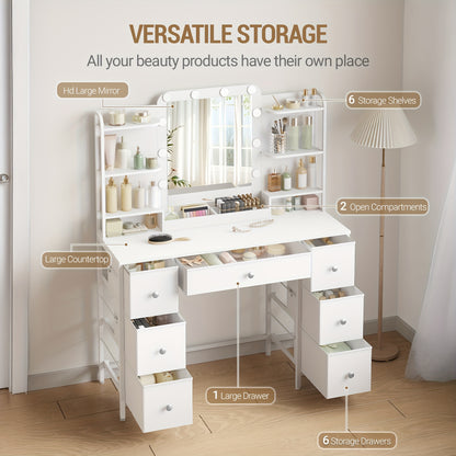 Make-up tafel – Kaptafel – Toillet – Dressing table – Vanity – Met Grote HD Spiegel – Verstelbare LED Verlichting – 7 Laden & 6 Open Vakken – Modern Wit