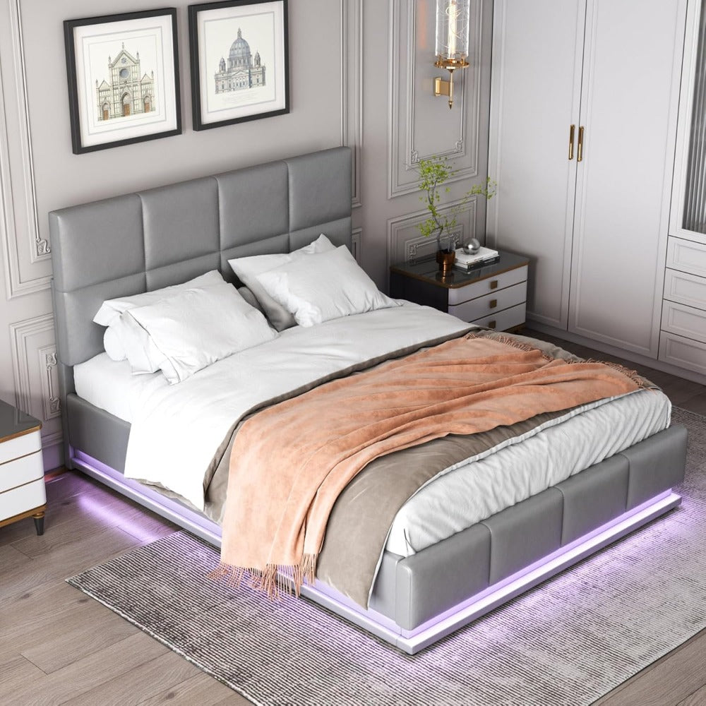 YCZ Upholstered Bed, Double Bed, Fabric Upholstered Bed with Storage Space, Hydraulic Box Spring Bed with LED Lighting and Slatted Base