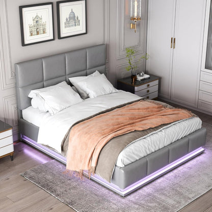 YCZ Upholstered Bed, Double Bed, Fabric Upholstered Bed with Storage Space, Hydraulic Box Spring Bed with LED Lighting and Slatted Base