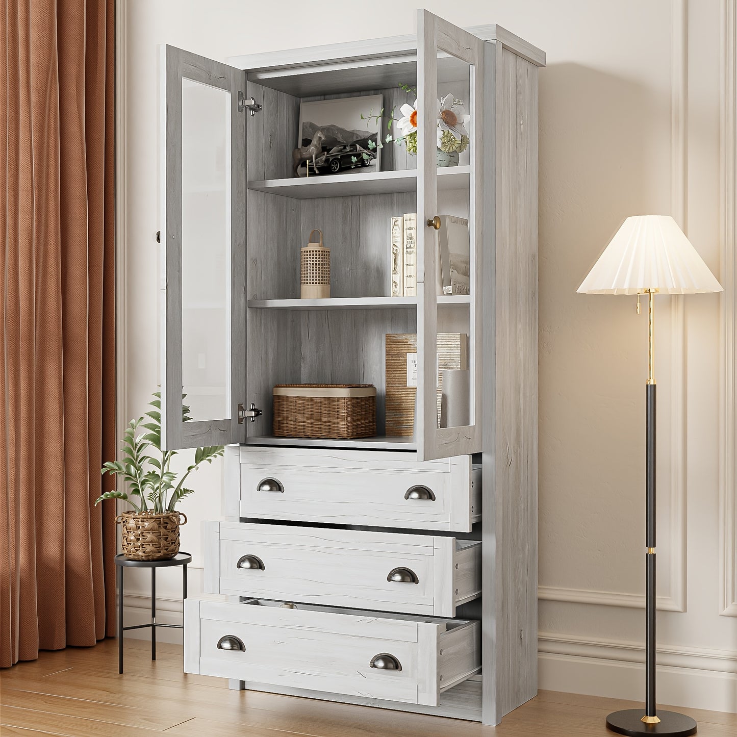 Halgangkast – Opberger – Schoenenkast – Kast – Bergkast – Wit – Hoog Slank Design – Bamboe Met Glazen Deur