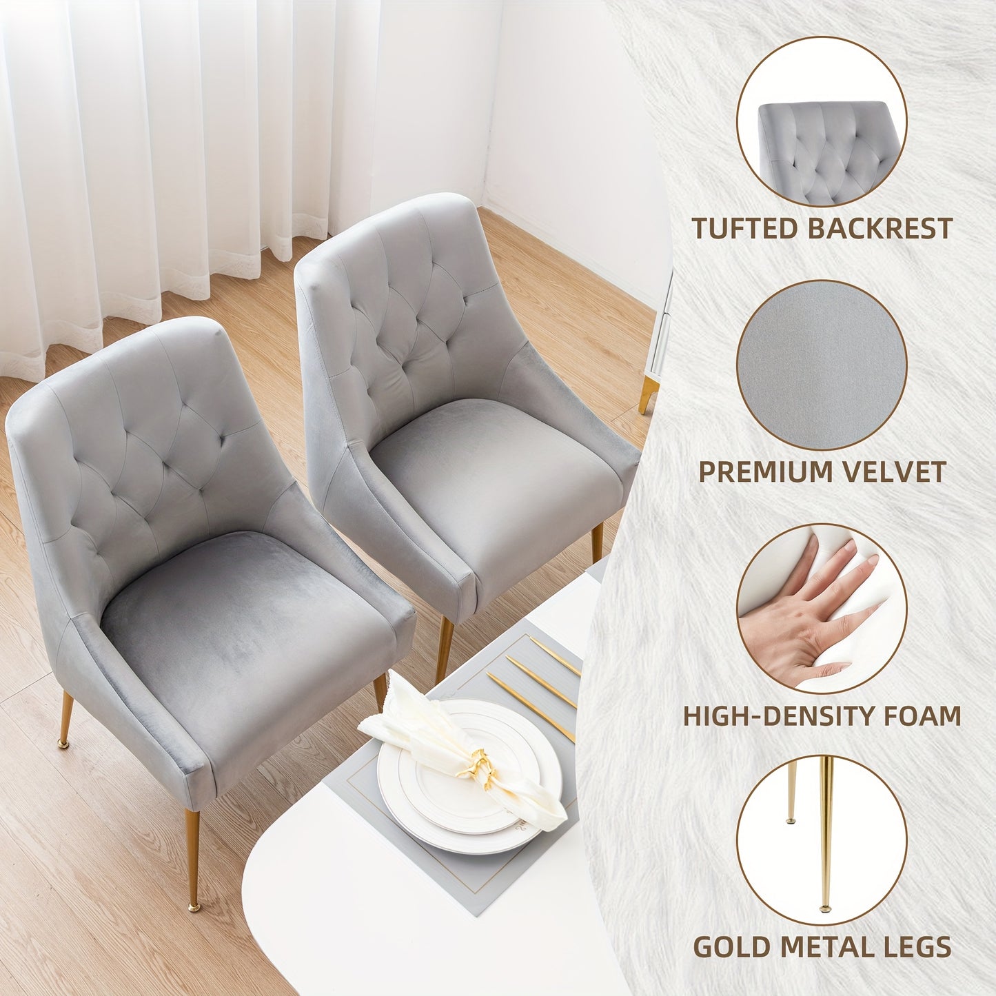 Bureaustoel – Stoel – Fauteuil – Zitstoel – Werkstoel – Mid-Century Modern Design – Fluwelen Bekleding – Metalen Frame – Verstelbare Rugleuning en Armleuningen – Zachte Sponsvulling – Makkelijk Schoon te Maken – Set van 2 – Grijs