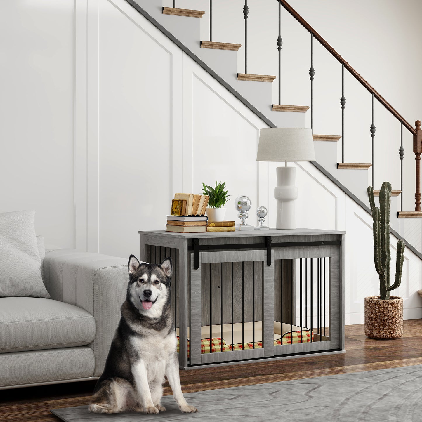 Hondenbench – Hondenkooi – Bench – Hondenhuisje – Hondenkennel – Opvouwbaar – Schuifdeur – Ventilatie – Spaanplaat & Staal – 98x58x61 cm – Grijs