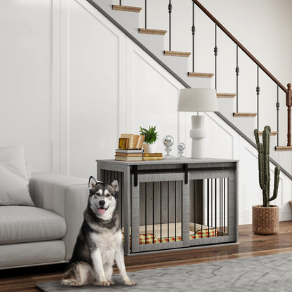 Hondenbench – Hondenkooi – Bench – Hondenhuisje – Hondenkennel – Opvouwbaar – Schuifdeur – Ventilatie – Spaanplaat & Staal – 98x58x61 cm – Grijs