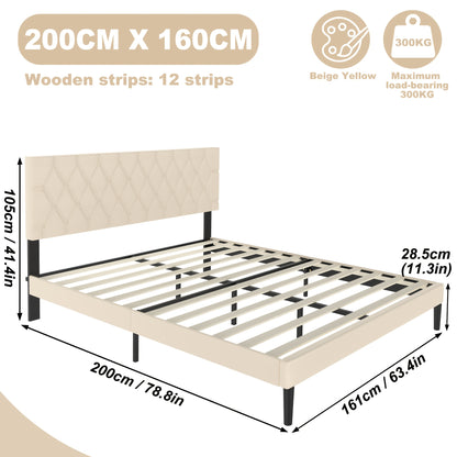 Upholstered Bed Frame Upholstered Bed with Headboard and Slatted Frame Bed Metal Platform Bed Frame Mattress Foundation, Leather, Beige/Black