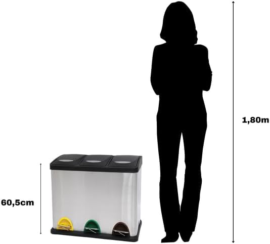 MSV - Pedalafvalbak Gescheiden Afval 60L - 3 Verwijderbare Bakken van 20L - Modern Design, Stil en Geurvrij - Ideaal voor Keuken en Buitenruimte - Badkameraccessoires
