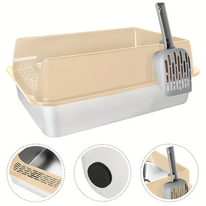 Kattenbak – Kattenbakken – Katten Toilet – Kattenbak Open – Konijnenbak – Roestvrij Staal – Extra Groot 50x35x24 cm – Hoge Wanden Tegen Uitloop – Inclusief Schepje