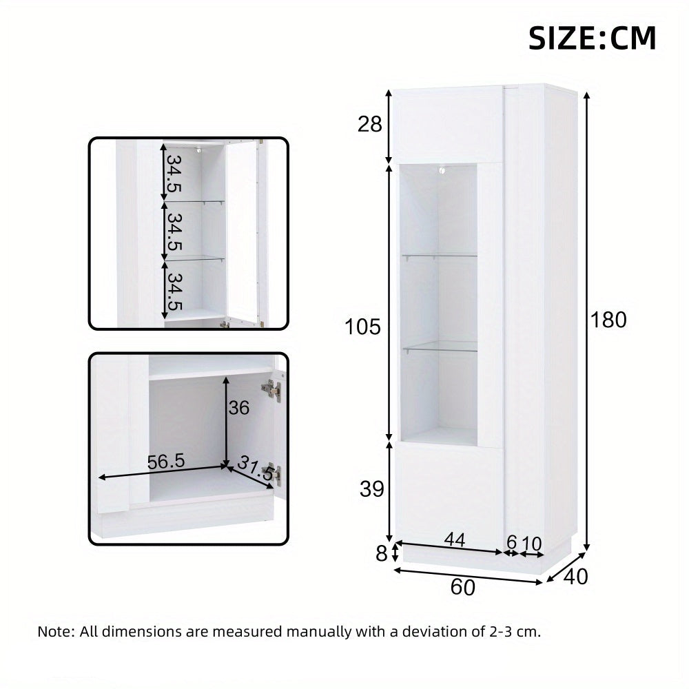Vitrinekast – Glazen Kast – Displaykast – Opbergkast – Vitrine – Hoogglans Wit – 60x40x180 cm – Acryl Deuren – Vrijstaand zonder Elektriciteit